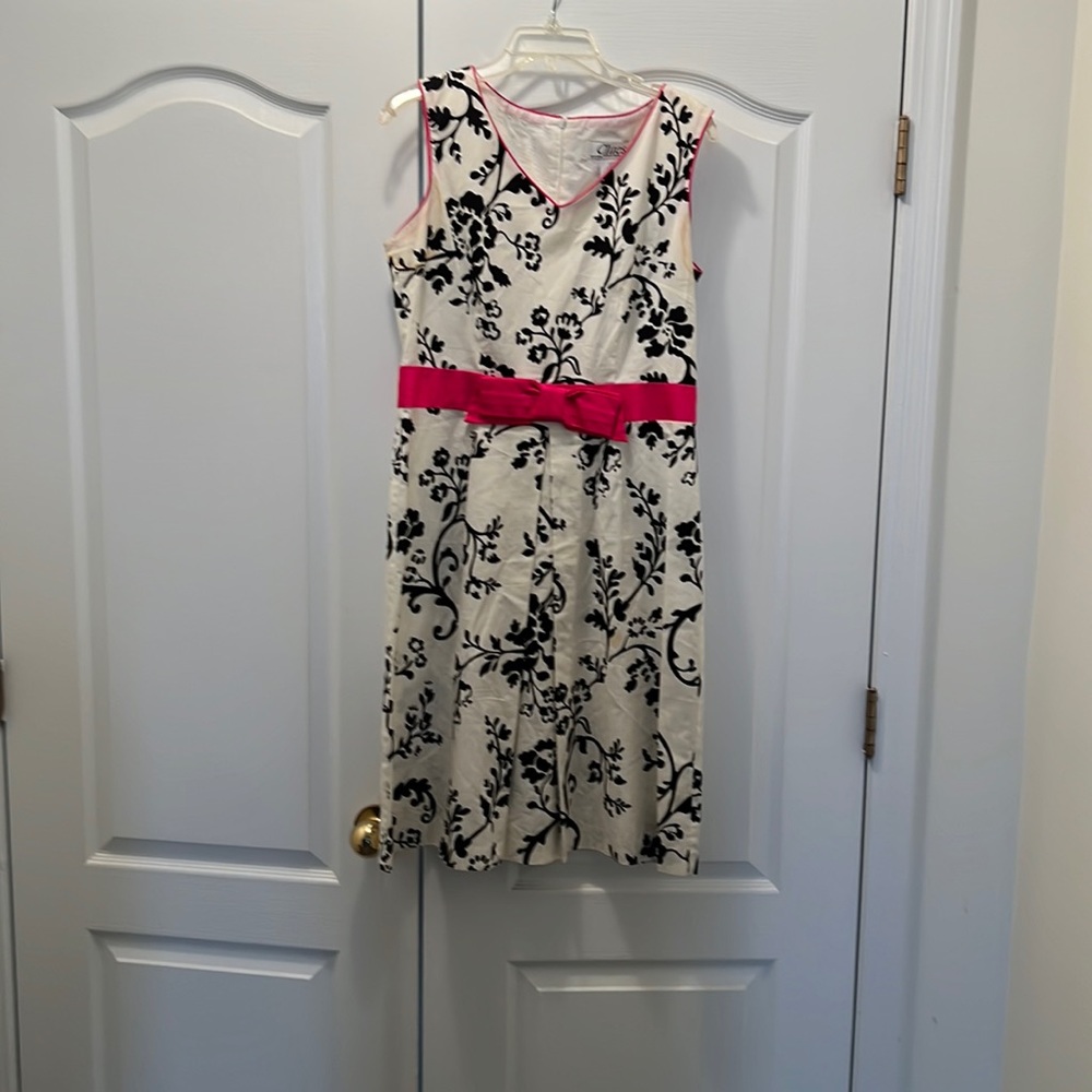 Dress with fushia piping around neck and sleeves
